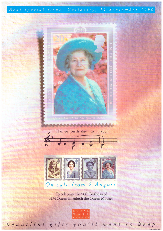 (image for) 1990 Queen Mother 90th Birthday Post Office A4 poster. RMS1090a. - Click Image to Close